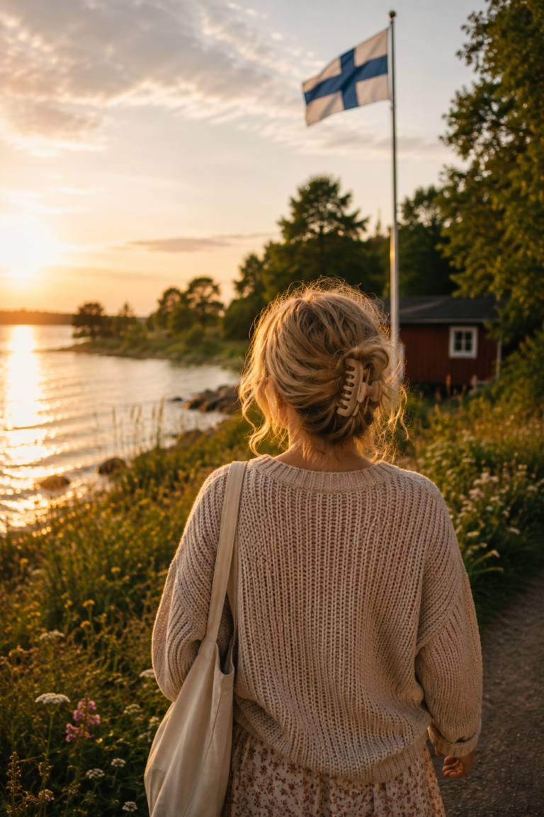 Finlandssvensk kvinna promenerar vid havet en finländsk sommarkväll med finska flaggan i bakgrunden
