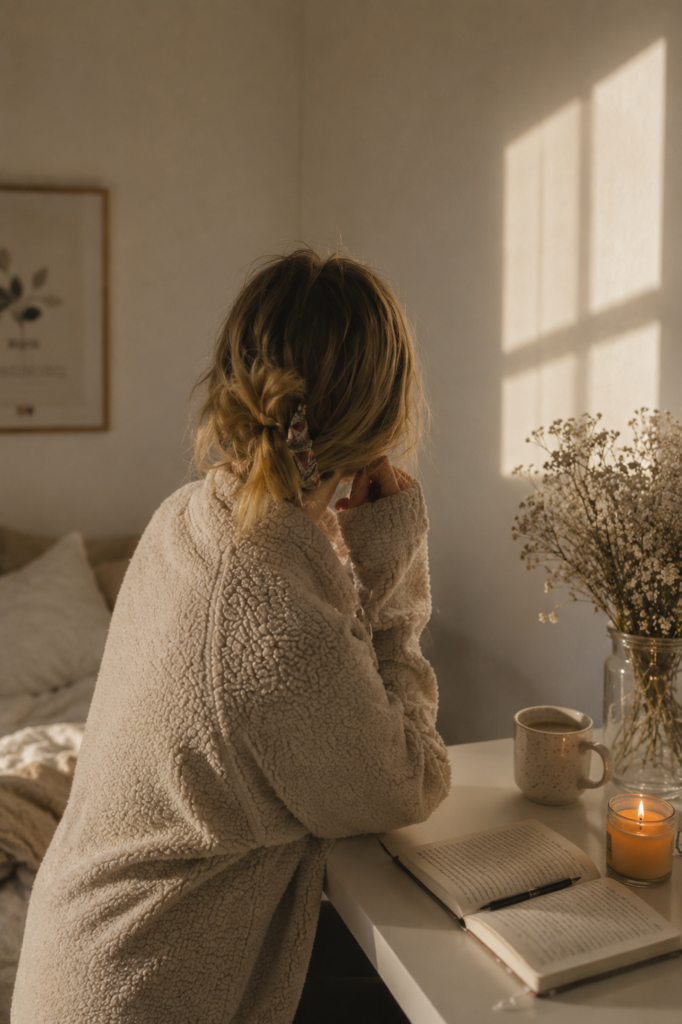 Kvinna med blont hår sitter med kaffe och dagbok och funderar på att börja dejta igen och dejting efter 30.